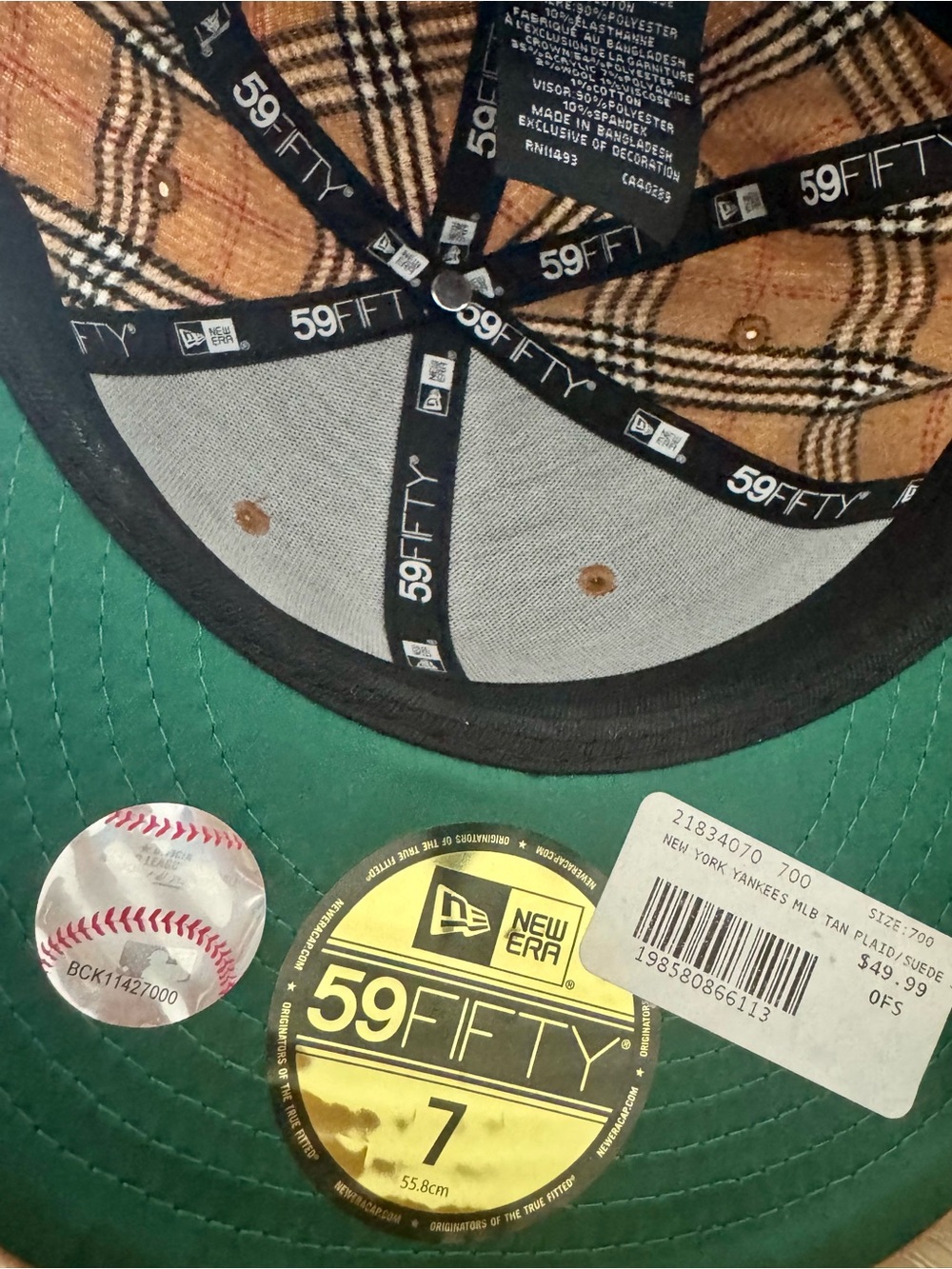 NWT New Era 59FIFTY New York Yankees Tan Plaid Fitted Hat Size 7 - Picture 3 of 3